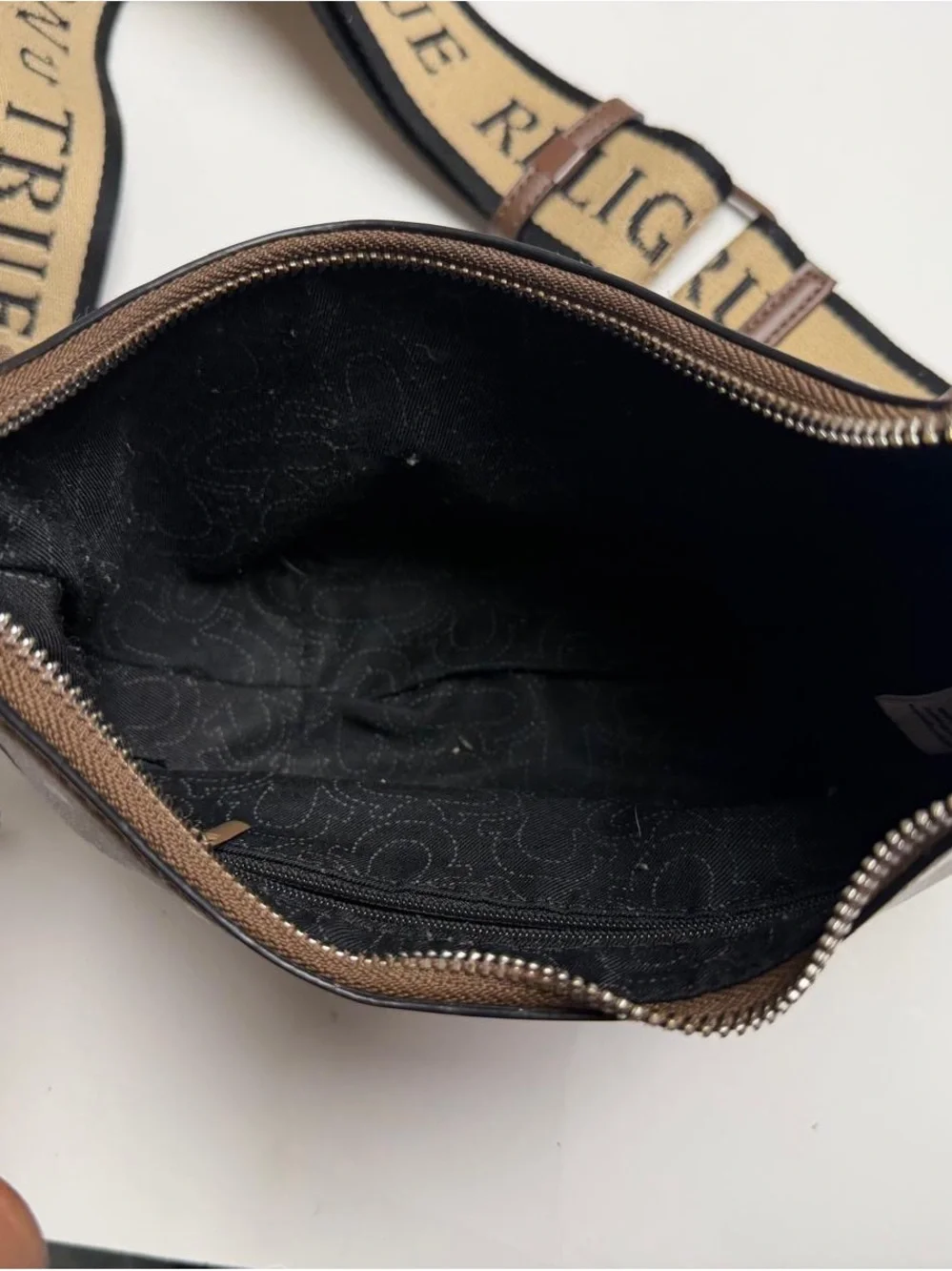 True religion Brown Leather Crescent Crossbody Bag with Detachable Strap